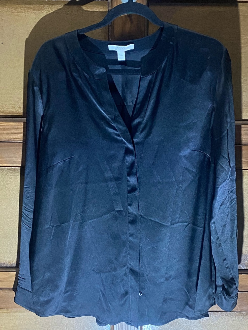 Boss Black Silk Button-Front Blouse with Stand up Collar Sz 12